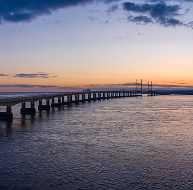 Severn Bridge crossing from England to Wales, at sunset.